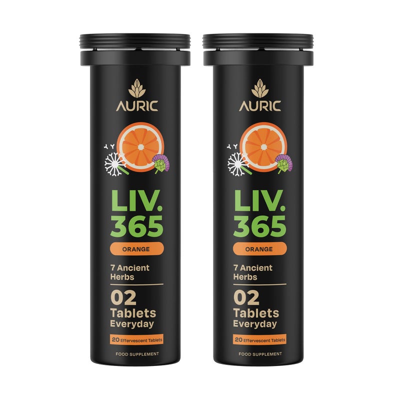 Auric Liv.365 Supplement 40 Tablets Orange Flavour Effervescent Fizzy Water with 10 Ayurvedic Herbs Drop, Dissolve, Fizz, Drink